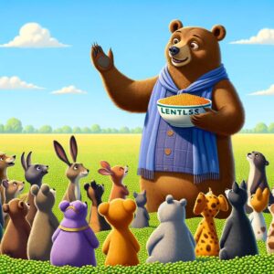 Bartholomew, a bear passionate about lentils, stands in a lentil field preaching the virtues of fiber to an attentive audience of various animals.