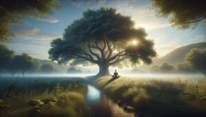 image symbolizes a personal spiritual journey, with various symbols representing different spiritual practices scattered along a meandering path through a peaceful forest.