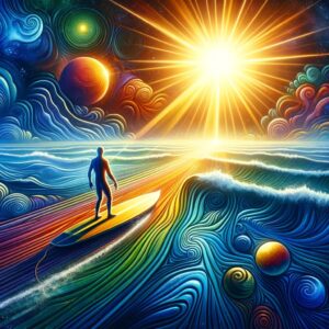 Abstract illustration of a person surfing on a spiritual journey, with a vast ocean below and a bright sun above.