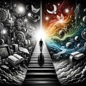 A person transitioning from a monochrome space to a colorful world of knowledge.
