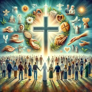 An inspirational scene with a cross, surrounded by diverse people holding hands and scenes of kindness, symbolizing Christian values.