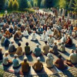 image of a group of diverse individuals in an outdoor setting, engaged in a spiritual discussion
