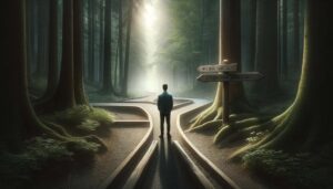 image of someone at a forest crossroad, symbolizing those moments of decision and challenge on this path