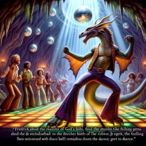 Fredrick the dragon in his discotheque cave, engaging in a cosmic dance