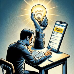 Person at desk choosing smartphone over bright light bulb idea