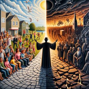 A divided scene showing unity and peace on one side, and isolation and conflict on the other, due to intolerant teachings.