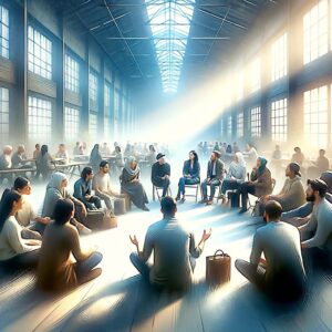 mage captures a diverse group of people engaging in a spiritual discussion within an indoor setting, highlighting warmth, connection, and openness. The scene depicts a moment of genuine interaction, with an emphasis on photographic clarity and realism.