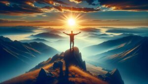 A person stands on a mountain peak with arms outstretched, facing the rising sun, symbolizing new beginnings and self-realization on their spiritual journey.