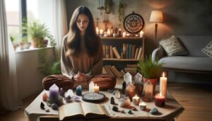 image of a woman in her peaceful home setting, surrounded by symbols of various spiritual paths, including crystals, candles, and sacred texts