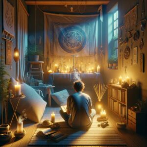 An SBNR individual in deep reflection within a cozy, spiritual corner of their home.