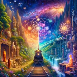 A metaphorical train, vibrant and full of energy, travels through a landscape that symbolizes a variety of spiritual paths, with figures representing personal quests for meaning beyond traditional religion, amidst a backdrop of the universe