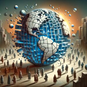 Fragmented globe with societal groups in isolated echo chambers