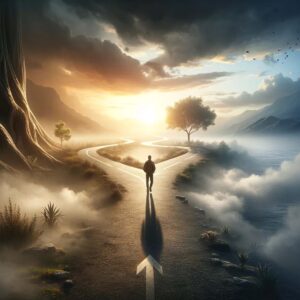 A solitary figure on a wooden walkway leading towards a luminous horizon, symbolizing the SBNR spiritual journey