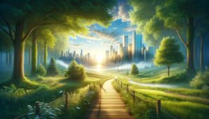 A wooden path from a natural environment leading to a city skyline, representing the spiritual journey of the SBNR individual