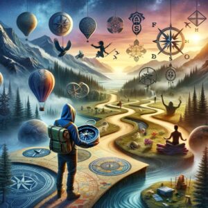 A person stands ready to explore a vast, symbolic landscape on a spiritual journey, holding a compass and a blank map, with symbols of meditation, nature, art, and activism around them.