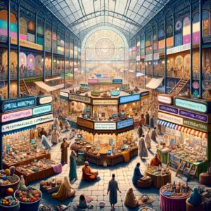 A bustling bazaar representing the diversity of the SBNR movement, with stalls offering unique spiritual practices, blending ancient wisdom and modern technology