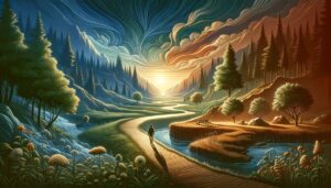 An individual walks a winding path through a diverse natural landscape at dawn, symbolizing a personal journey of spiritual growth and self-discovery.