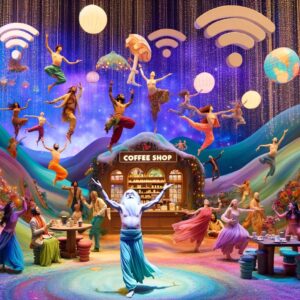 A colorful, lively scene in a coffee shop where a guru teaches enlightenment through interpretive dance, surrounded by floating Wi-Fi signals and a joyously dancing crowd.
