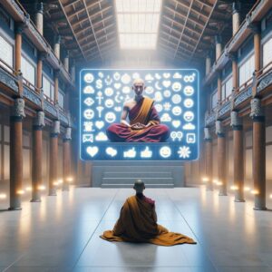 A serene, minimalist monastery where a monk communicates profound spiritual truths through emojis on a digital screen, blending ancient tradition with modern technology.