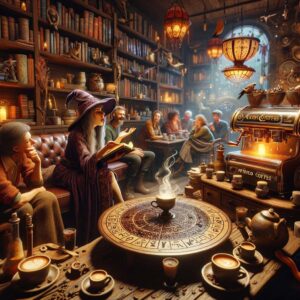 A cozy, mystical café scene where a witch reads future patterns in spilled coffee, surrounded by books on mysticism and an espresso machine resembling a cauldron.