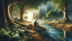 image captures a serene moment of a person engrossed in a book, surrounded by the calming beauty of nature. The setting is peaceful, with elements like trees and a gentle stream, emphasizing the personal journey of spiritual understanding through reading and introspection