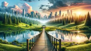 Wooden boardwalk leading towards a lush green meadow transitioning into a futuristic city skyline at sunrise