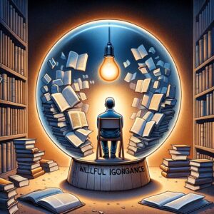 Person inside a bubble, ignoring surrounding knowledge symbols