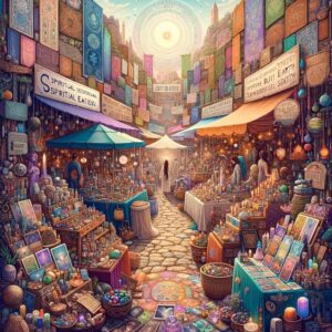 A bustling spiritual market filled with diverse SBNR beliefs, featuring stalls with tarot cards, healing crystals, meditation spaces, and symbols from ancient Eastern philosophies and earthy teachings.