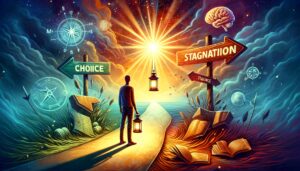 A person at a fork in the road making a choice between growth and stagnation.