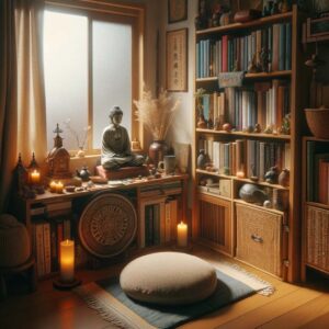 Depicts a personal sanctuary filled with objects that aid in spiritual practices, like meditation cushions and books on various spiritual traditions, highlighting the intimate and personalized nature of SBNR beliefs.