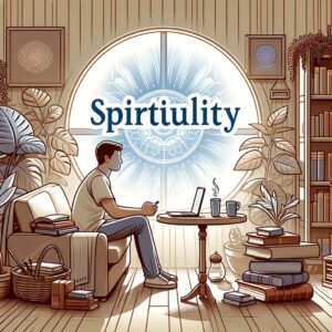 A person sitting in a cozy room exploring spirituality on a laptop, surrounded by books and plants, highlighting personal growth in a warm, inviting atmosphere.