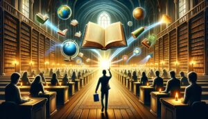 An individual in a grand library reaching out to a glowing book, symbolizing the choice to seek enlightenment.