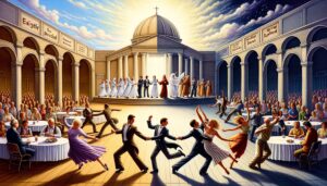 A metaphorical dance floor with individuals performing a traditional waltz on one side and a spontaneous flash mob on the other, representing traditional religions and the SBNR movement.