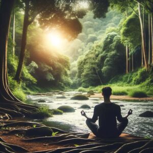 An individual practicing meditation in a tranquil outdoor setting, connecting with nature.