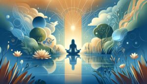 Person meditating in a tranquil setting, surrounded by symbols of peace and nature.