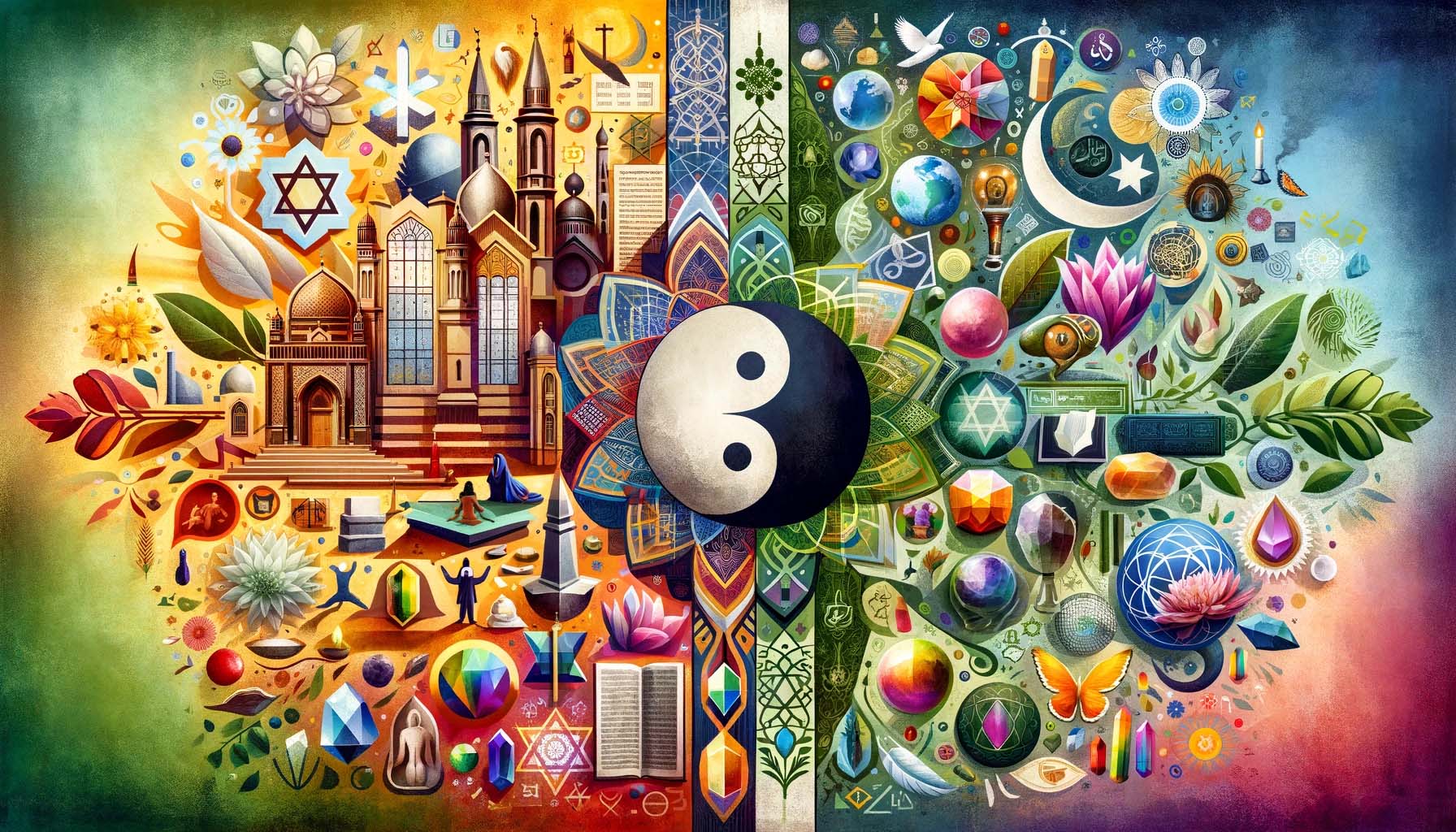A modern, vibrant collage that contrasts and harmonizes traditional religious symbols with personal spirituality symbols.