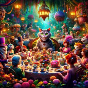 A whimsical tea party with a grinning cat offering riddles to amused guests