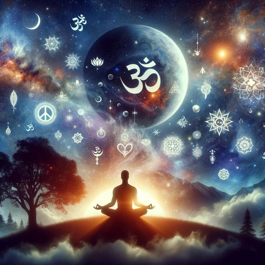 A person in meditation surrounded by cosmic and natural symbols, embodying the essence of the SBNR movement.