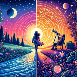 Illustration of two spiritual journeys: a person on a sunrise walk and another gazing at the night sky, connected by a river.