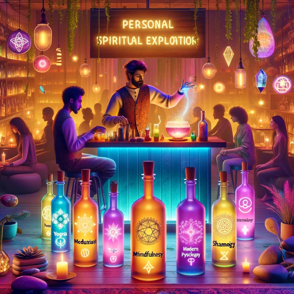 Whimsical bar scene with a bartender crafting a glowing spiritual cocktail among diverse individuals engaging in personal spiritual practices.